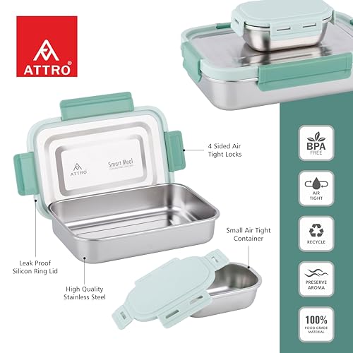 Image of ATTRO Smart Meal Medium Stainless Steel Lunch Box with 1 Small Container Airtight Spill-Proof BPA Free Food Grade Ideal for Office, School, Picnic- Green-800ml+170ml