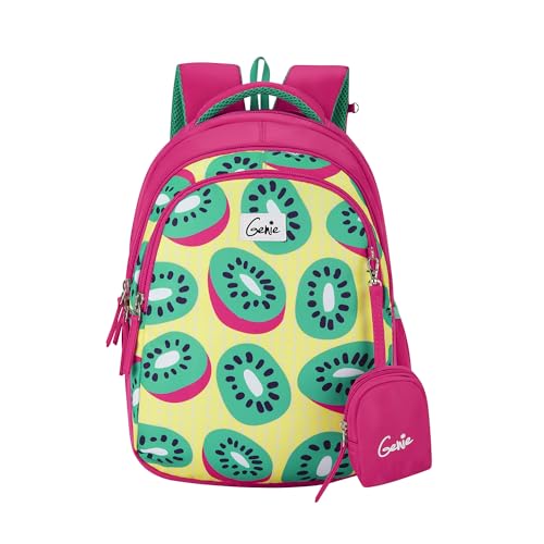 Image of Genie Fruity Kids s, 15 inch Cute, Colourful Bags for Girls, Water Resistant and Lightweight, 3 Compartment with Happy Pouch, 20 Liters, Nylon Twill, Pink School Backpack