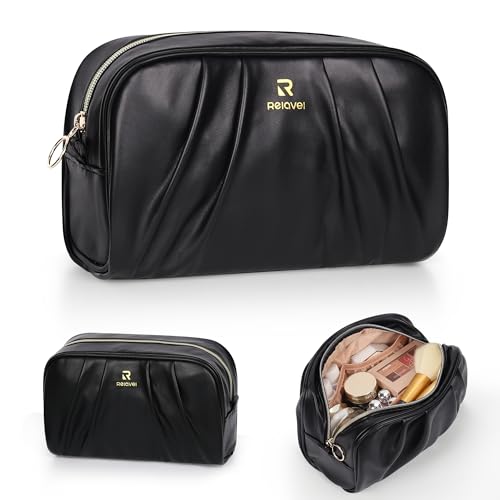 NAONAYA Travel Makeup Bag Organizer for Cosmetics,Waterproof Toiletry Bags Large Capacity Make up Case,Easter Birthday Gifts for Gilrs and Women,Black PU Leather