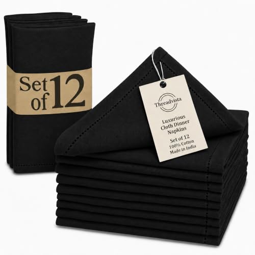 Threadvista Black Hemstitch 100% Cotton Dinner Napkins, Set of 12, 18x18