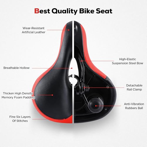 IPOW Comfort Bike Seat for Women or Men, Bicycle Saddle Replacement Padded Soft High Density Memory Foam with Dual Shock Absorbing Rubber Balls Suspension Universal Fit for Indoor/Outdoor Bikes/Red