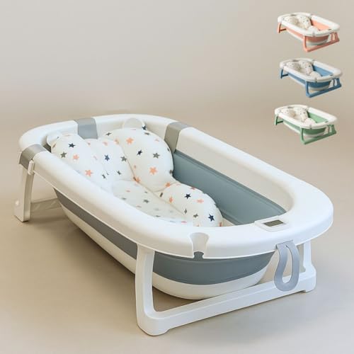 Bañera Bebé Plegable Portatil con Termómetro Integrado, Diseño Ergonómico, Cojín Antideslizante y Tapa de Seguridad (Gris pastel)