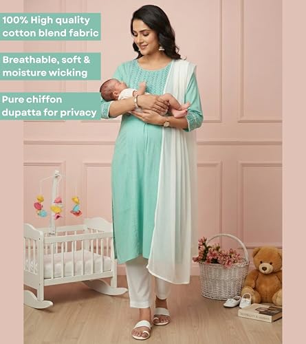 Image of DUMMY SHAPE Feeding Dresses for Women Full Set | Cotton Blend Floral Embroidered Kurta Pant Dupatta Suit with Nursing Zippers to Pre & Post Pregnancy | Gift for Pregnant Woman