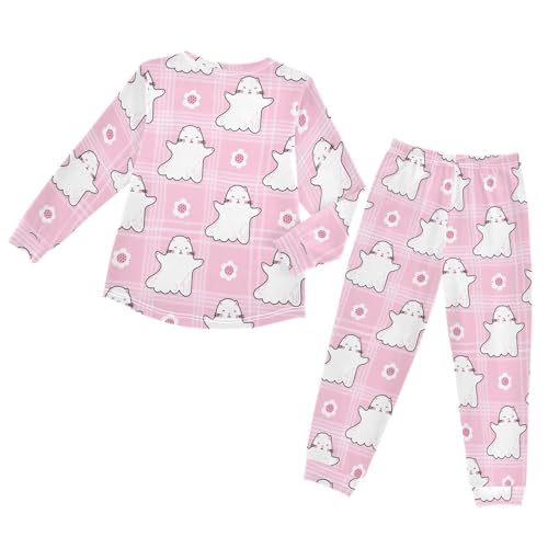 Long Sleeve Pajama Set for Girls Boys Kids,Ghost Cats Pastel Pink Comfy Nightwear Soft Loungewear,Family Matching PJs Underwear Set 3T2