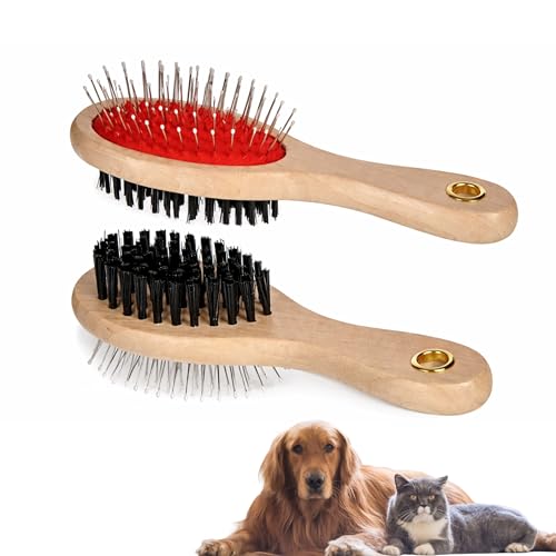 PARENCE. Spazzola doppia per cani e gatti – setole 2 in 1 per spazzole per animali domestici + setole metalliche – manico in legno – districazione e toelettatura