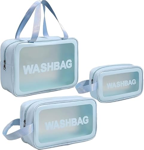 MZANSI BAGS - Make-up Cosmetic Washbag,Travel Toiletry and Gym Organiser Set, 3 Pieces, Clear Waterproof Design with Handles (Blue)