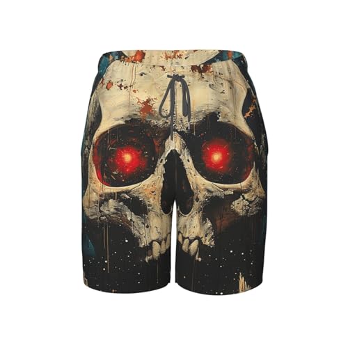 Boys Beach Shorts Quick Dry Swim Trunks Board Surf Summer Teen Kids, Skull Red Eye Art
