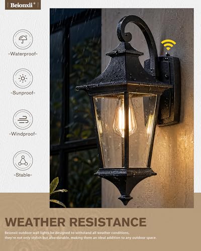 Image of Beionxii 21Inch Outdoor Wall Light, Dusk to Dawn Large Outdoor Wall Lantern | Porch Lantern,Black Front Door Wall Lighting,Cast Aluminum w /Clear Glass for Coastal Pillars Paths Porch,120V, BX-OD02-WL-21S
