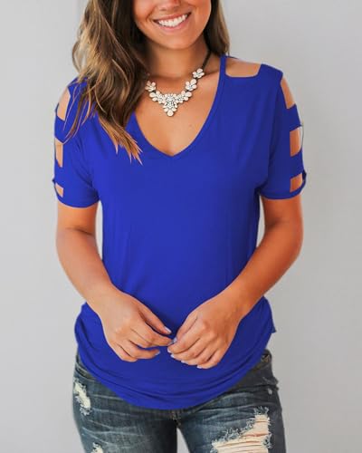 Jescakoo Womens T-Shirts Cute Rayon Tops Cut Out Shoulder Tees Blouses Blue2 XXL