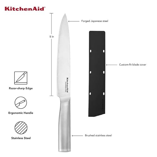 Kitchenaid Gourmet Forged Stainless Steel Slicer Knife With Custom-Fit Blade Cover, 8-Inch, Sharp Kitchen Knife, High-Carbon Japanese Stainless Steel Blade, Brushed Stainless Steel Handle #TOP4