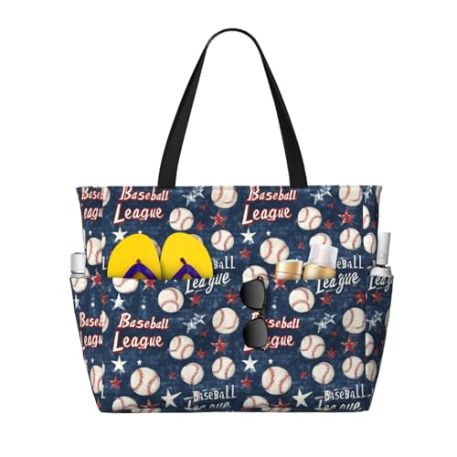 Large Beach Bags for Women Sandproof - Retro Baseball Pattern Print Summer Work Travel Tote Bags with Zipper