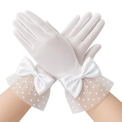 Bow Lace Tea Party Gloves for Women, Formal Short Tea Party Gloves, Elegant Polka Dots White Wedding Glove Formal Uniform Accessories for Bridal Wedding Evening