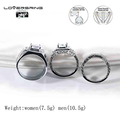 LOVERSRING 3pc His And Hers Couple Ring Bridal Set His Hers Women White Gold Plated Heart Cz Man Titanium Wedding Ring Band Set3