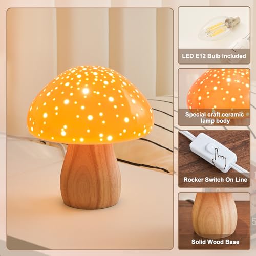 BOHON Ceramic Mushroom Lamp – Retro Orange Bedside Table Lamp (Warm White, Corded) — view 6
