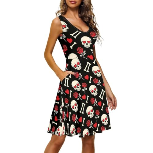 Image of Women Stylish Tank Dresses Sleeveless Round Neck Midi Casual Dress with Pocket for Summer