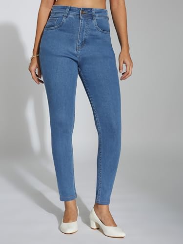 Image of Miss Chase Women's Skinny High Rise Cropped Fringed Hemline Detailing Stretchable Denim Jeans