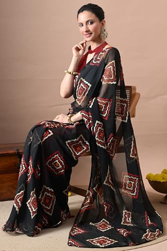 Image of MIRCHI FASHION Women Sari Georgette Chevron Printed | Modern Pattern Farewell and Festive Drape with Matching Blouse Piece