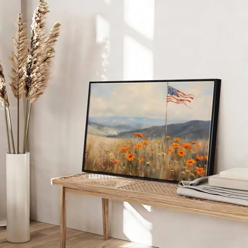 Image of American Flag Framed Canvas Wall Art, 4th of July Floral Canvas Prints, Wildflower Meadow Landscape Patriotic Decorations, Vintage Rustic Independence Day Wall Decor for Bedroom Living Room 8x10