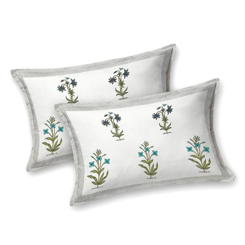 Image of Urban Jaipur 100% Cotton Bedsheet for Double Bed (90 x 108 Inches) | 210 TC King Size Bed Sheet for Double Bed with 2 Pillow Covers | Pure Cotton Jaipuri Bedsheet (White, Green (Jaal))