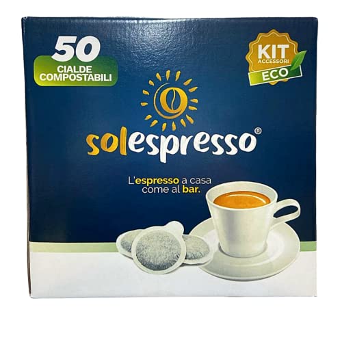  Solespresso Caffè 50 Cialde con Kit Accessori con 50 bicchieri monouso 50 palettine 50 bustine di zucchero fine compostabili ESE 44mm