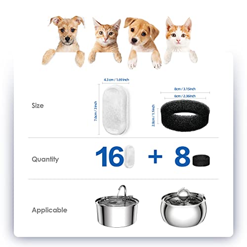 TOMXCUTE Replacement Filter for Stainless Steel Cat Water Fountain 16 pcs Carbon Filter & 8 pcs Pre-Filter Sponge - Image 2