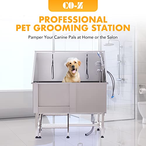 CO-Z Hundebadewanne 50'' Haustierbadewanne aus 304 Edelstahl mit Treppe, Professionelle Tierbadewanne Hundepflegewanne Hundedusche Hundepoolmit Duschkopf & Schiebetür für Hunde Tragfähigkeit 120kg