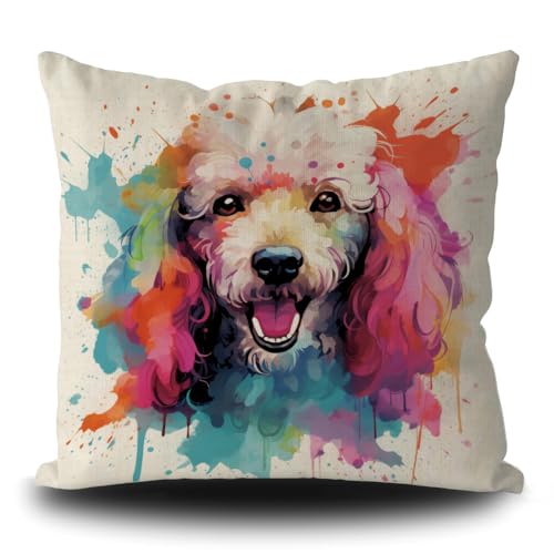 Ganshan Bi Cute Poodle Dog Throw Pillow Cover Colorful Painting Dog Puppy Art Decorative Pillow Case for Bed Couch Sofa Dog Lover Gift 18X18 Inch Linen Double Side, Style 4