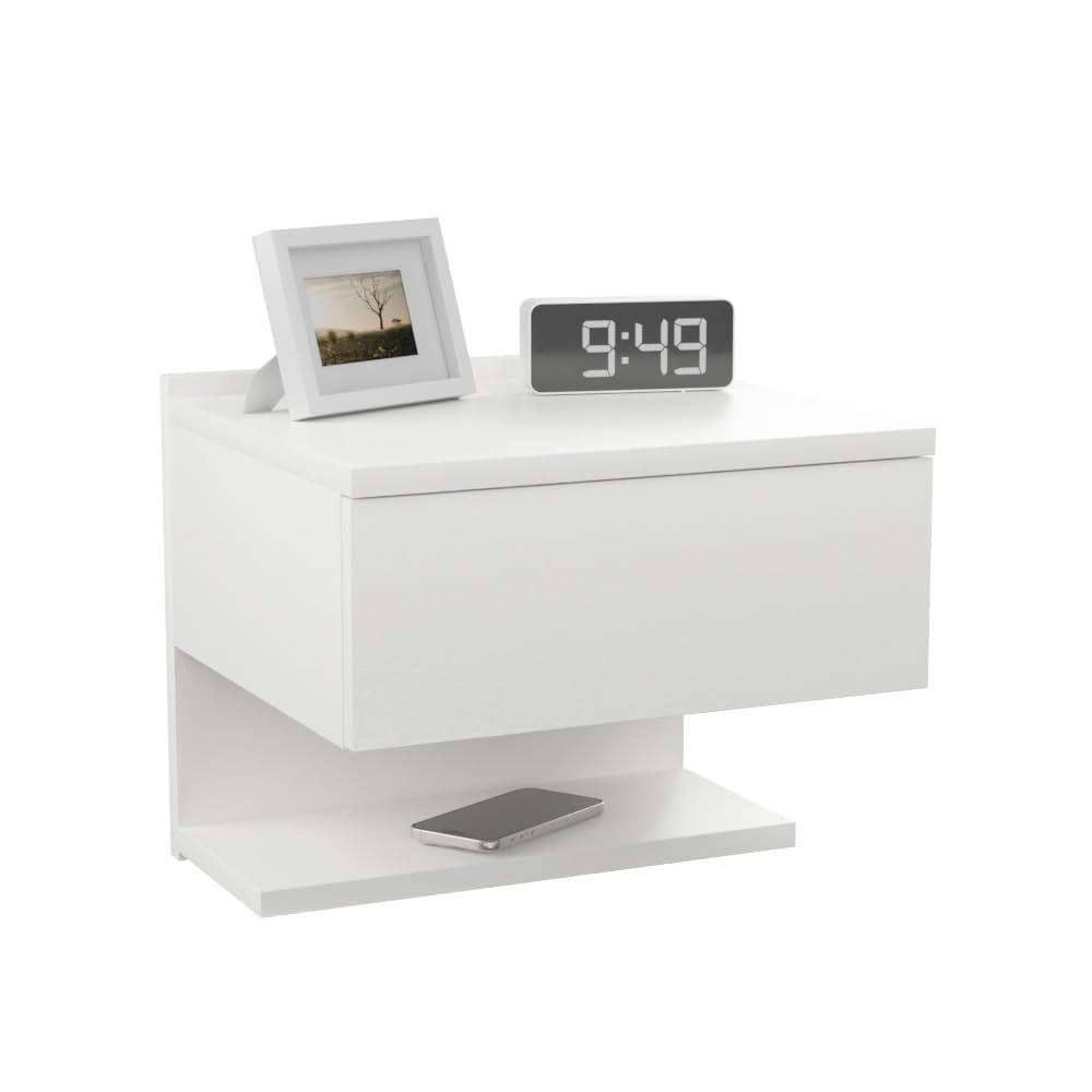 Mesita de Noche de Pared, Cajonera, Estante Colgando para Dormitorios, Mesa de Pared Delgada con Estante de Almacenamiento, Blanco. Tamaño: W35 x H30 x D31,6 cm