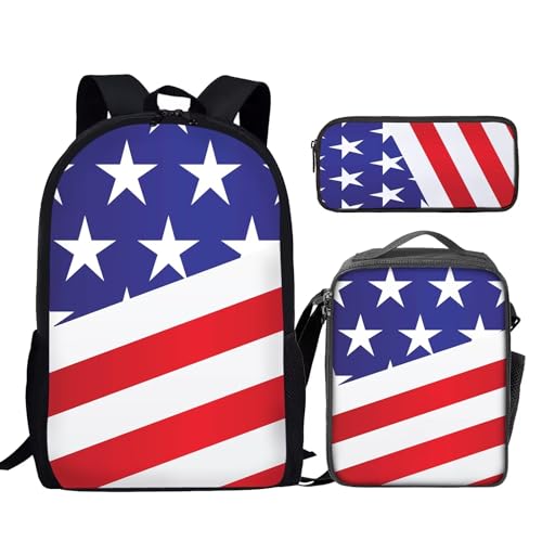 Howilath American Flag Pattern Canvas School Backpack for Girls, 17 Inch Backpack Set for Teen Boys School Bookbag 3 Pcs Lunch Bag Pencil Case