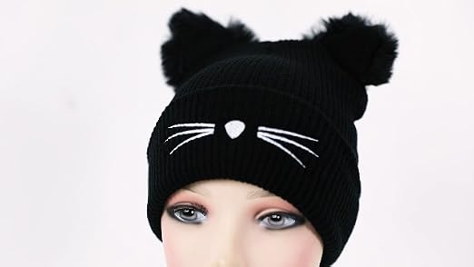 Women's Cat Beanie Crochet Hats with Ears Knitted Black Cat Hats