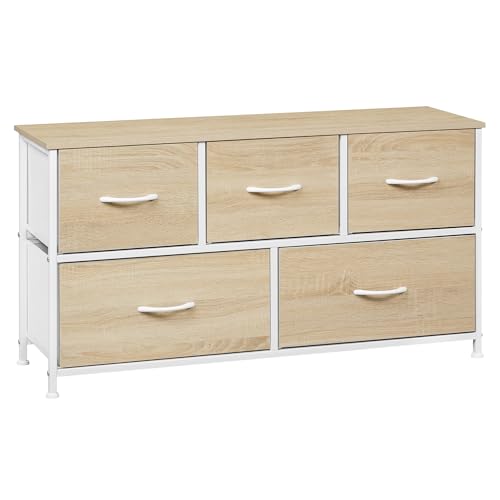 WOLTU Comoda para Dormitorio, Cajonera Almacenaje, Cómodas 5 Cajones de Metal y Madera, Cajoneras Dormitorio y Habitacion, Mueble Almacenaje, Armario Organizador Roble Claro+Blanco, SSK005whe