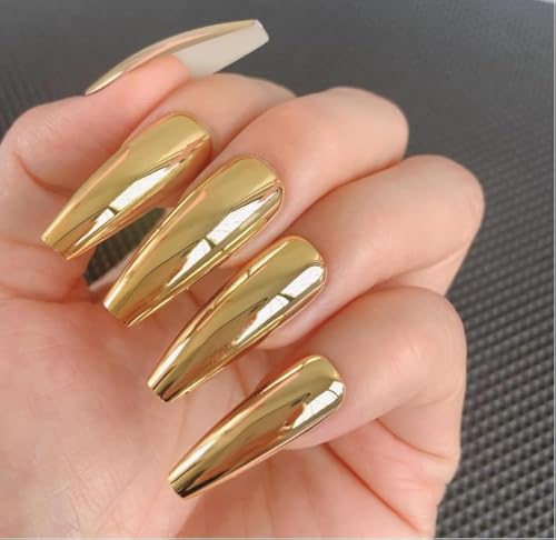 Metal Coffin Fake Nails Extra Long Gold Yellow Chrome Reflective ...