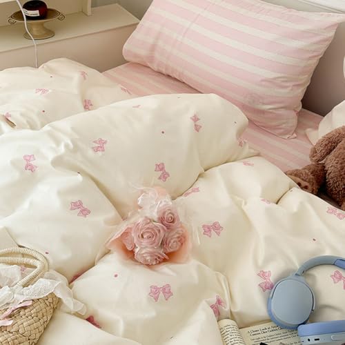 Image of Nayoroom Pink Bow Polka Dot Duvet Cover Queen Reversible Striped Bedding