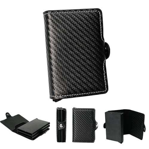 Leather Wallets for Men with Slim Pop Up Card Holder for 14-16 Cards，RFID Blocking Bifold Minimalist Smart Wallet，Credit Card Holder with Cash Slot gifts for men(Carbon black)