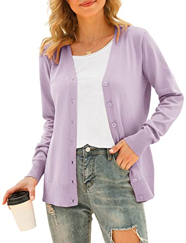 VIISHOW Women Long Sleeve Button Down V Neck Lightweight Basic Knit Sweater Cardigan, Light Purple, Large