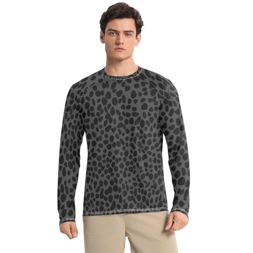 Black Leopard Print Mens Rash Guard Sun Protection UPF 50+ Sun Shirt Quick Dry Long Sleeve Swim Shirts, Small