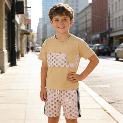 Image of Ayzozuy Boy Clothes Colorblock Top + Drawstring Waist Shorts 2 Pieces Kid Summer Outfits Set