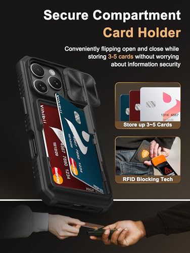 Image of Vihibii for iPhone 16 Pro Case Wallet with Card Holder (4 Cards) [RFID Blocking] & Slide Camera Cover, Military Grade Drop Protection, Rugged Hard Back & Silicone Edge Phone Case, 6.3 inch 2024, Black