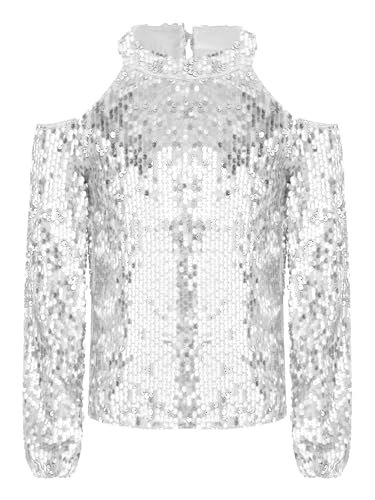 renvena Sequin Tops for Girls Long Sleeve Off Shoulder Sparkly Glitter Shirts Blouse for Party Disco