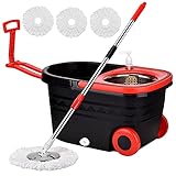 Mop and Bucket with Wringer Set，Stainless Steel Deluxe 360 Spinning Mop Bucket Floor Cleaning System with 3 Microfiber Replacement Head Refills, 2X Wheel for Home Cleaning(Round with Wheels 25Qt)