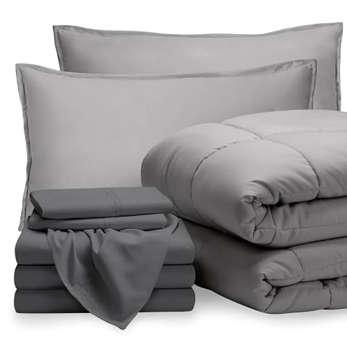 Bare Home Bed-in-A-Bag 8 Piece Comforter & Sheet Set - Split Queen - Goose Down Alternative - Ultra-Soft 1800 Premium Bedding Set (Split Queen, Light Grey/Grey)