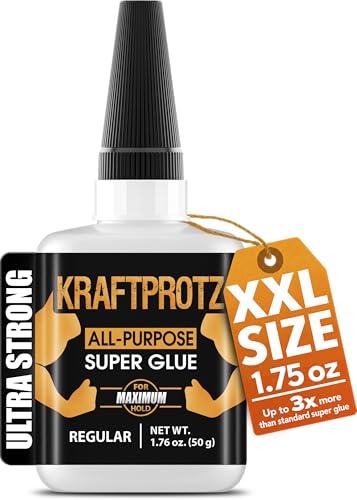 Super Glue XXL Value Size (1.76oz) All Purpose Liquid Adhesive for Plastic – Bonds Wood, Metal, Rubber, Ceramic & Leather – Industrial Strength Cyanoacrylate Formula – KRAFTPROTZ