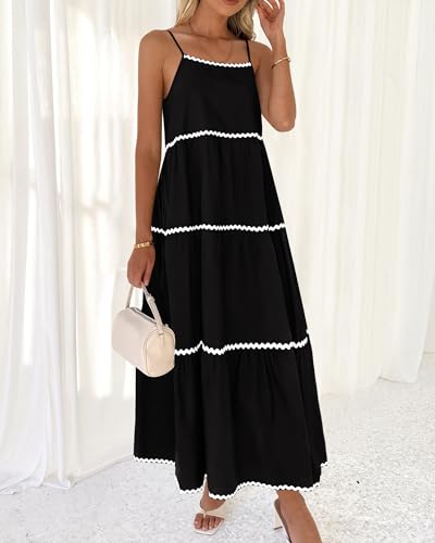 Image of BTFBM Boho Summer Dresses 2025 Spaghetti Strap Backless Sundress RIC Rac Trim Tiered A-Line Long Casual Vacation Dress