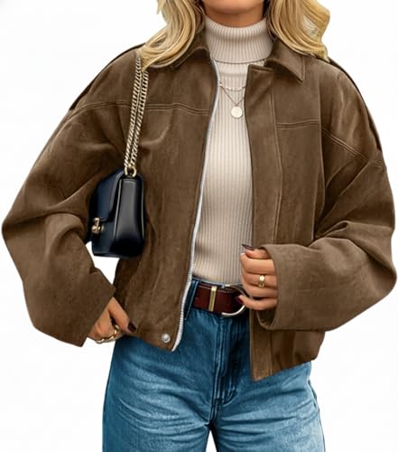 kipfall Womens Faux Suede Jackets Fall Fashion Outfits Coat Winter Clothes Open Front Cropped Jacket