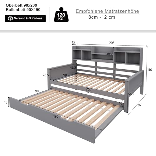 Ball & Cast Schlafsofa (90x200cm) Einzelbett mit Vielen Ablagefächern, mit Lattenrost Ausziehbares Schlafsofa aus Massivholz, Grau
