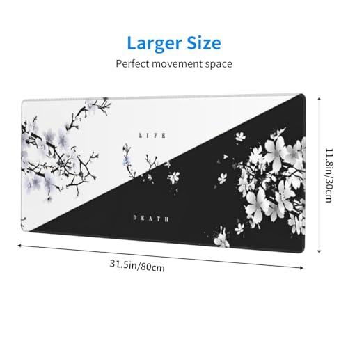 Image of Japanese Life Death Keyboard Mat, Black White Japanese Anime Gaming Mouse Pad for Desk with Anti-Slip Rubber Base and Stitched Edges, Japanese Sakura Pagoda Sun Mouse Pad