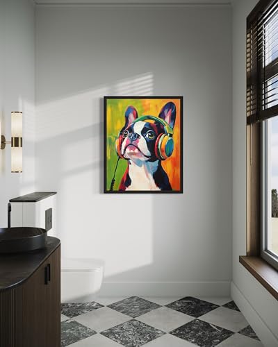 Image of Boston Terrier Music Headphone Black Framed Wall Art Print Poster, Dog Pet Lover Picture Painting Artwork Bedroom Living Room Office Dining Room 150D (Boston Terrier Music Headphone, 10 inchL x 8 inchW, Black Frame)