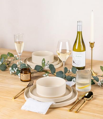 Image of TheTerra Ceramic Dinnerware Sets for 8, 24 Pieces Handmade Reactive Glaze Plates and Bowls Set, Scratch Resistant Dish Set, Oven & Microwave & Dishwasher Safe, Matte Ice Cream