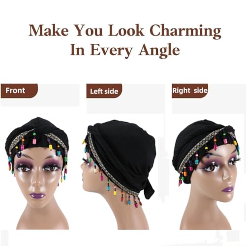 Turban Hats for Women Girls Beaded Tassels African Head Wraps Satin Lined Turban Durag Twisted Braid Bonnet Hair Wrap4