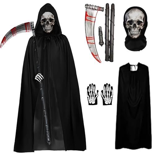 ILMFMY Sensenmann Kostüm Erwachsene Herren Damen – Halloween Umhang mit Kapuze 140 cm, Totenkopf-Maske, Handschuhe & Sense, Gruseliges Kostüm für Party, Karneval & Cosplay